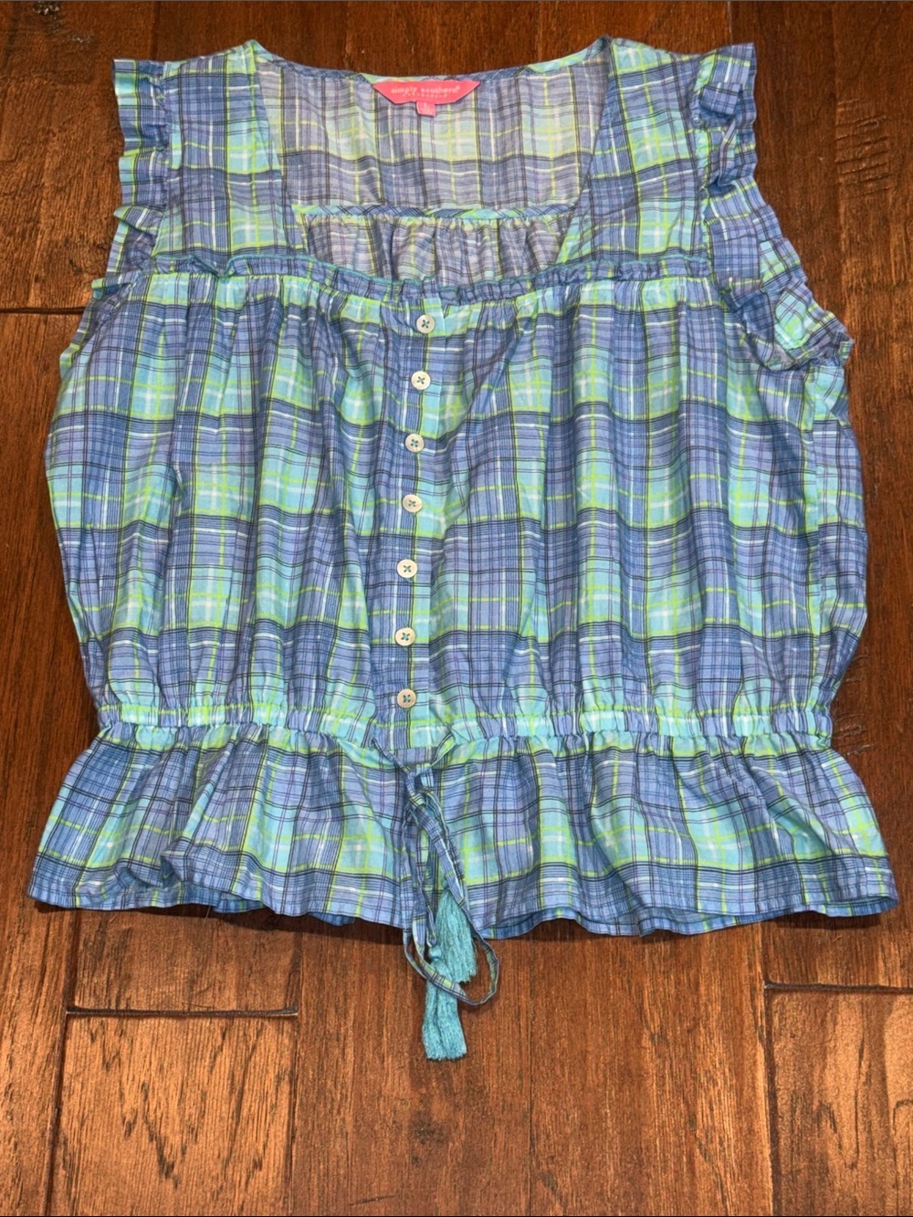 CM🩷 Size Large • Simply Southern • Blue & Green Plaid Ruffle Button Tank